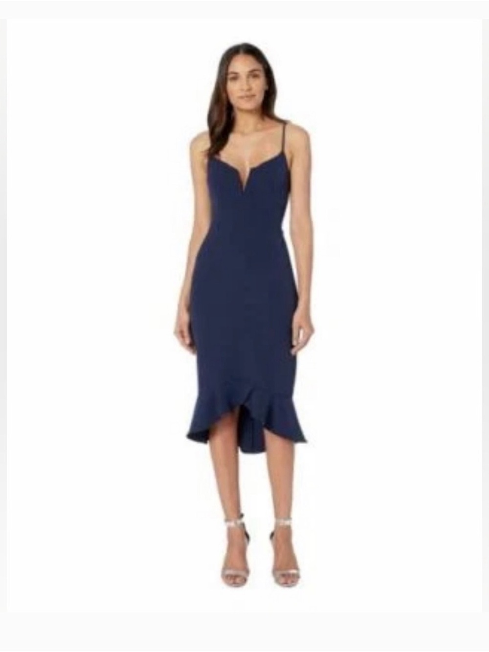 Bardot Navy Spaghetti-Strap Midi Dress with Ruffle Hem